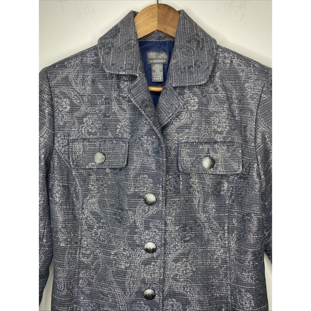 Additions by Chico's Jacket Gray Silver Metallic Floral Blazer Long Size 0 XS - Picture 2 of 10